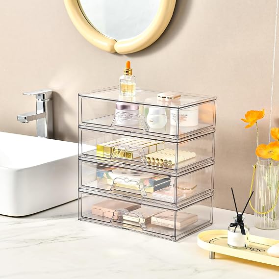 Stebopum 3 Pack Stackable Plastic Storage Drawers,Acrylic Makeup Organiser