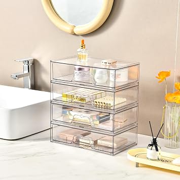 Stebopum 3 Pack Stackable Plastic Storage Drawers,Acrylic Makeup Organiser