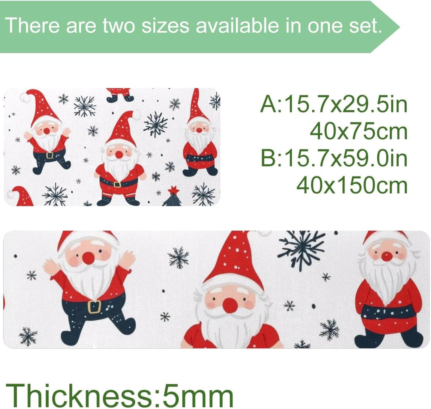 Christmas Tree Snowflake Cute Gnomes Santa Claus 2 Piece Kitchen Rugs and Mats, Kitchen Floor Runners Non Slip Washable, Indoor Door Standing Mat Pads for Sink, 15.7"x29.5"+15.7"x59"