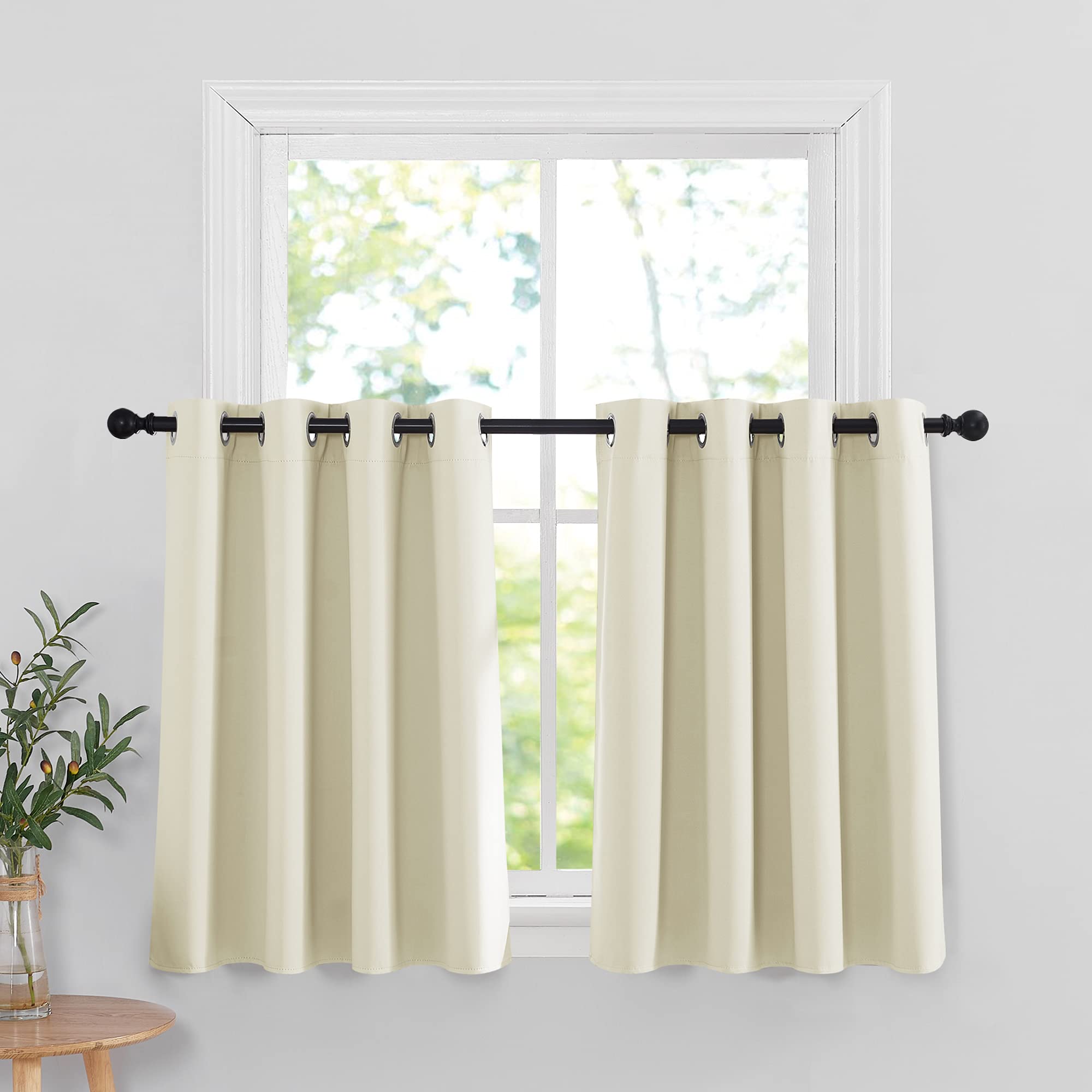 RYB HOME Blackout Curtain Tiers - Thermal Insulting Half Window Decor for Bedroom Bathroom Kitchen Kids Nursery Privacy Drapes, Beige, W 52 x L 36, 2