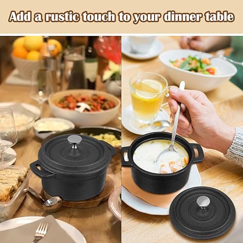 Miniatura 5 de 4 piezas de mini horno holandés pequeño redondo de hierro cocotte negro olla holandesa con tapa y doble asa olla de hierro fundido para uso en