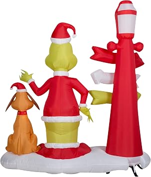 Gemmy 6 Ft Grinch and Max Christmas Inflatable with Lamp Post, Lighted Airblown Outdoor Yard Decoration, Self-Inflating Dr. Seuss Holiday Decor