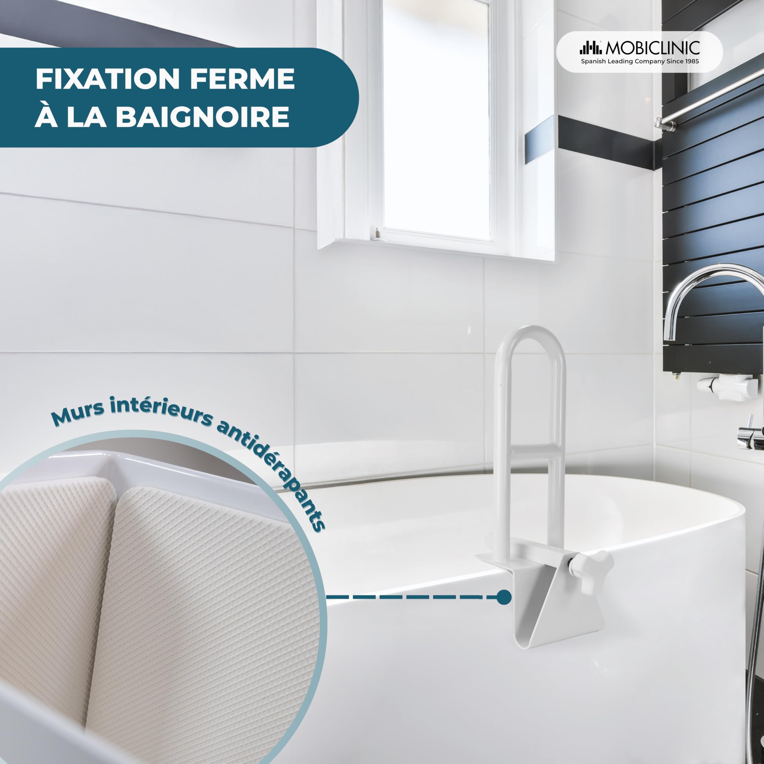 Mobiclinic®, Barre d'Appui Baignoire, Baignoires à Bords Lisses (4,5-13,5 cm), Poignée Ergonomique, Max. 100 kg, Usage Clinique et Domestique, Sûr et Fonctionnel, Mobibary