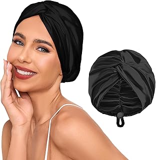 Adjustable Silk Satin Hair Bonnet for Sleeping Women, Double Layer, Silk Hair Wrap for Sleeping Women Men, Curly Natural Braid Straight Unisex - Black