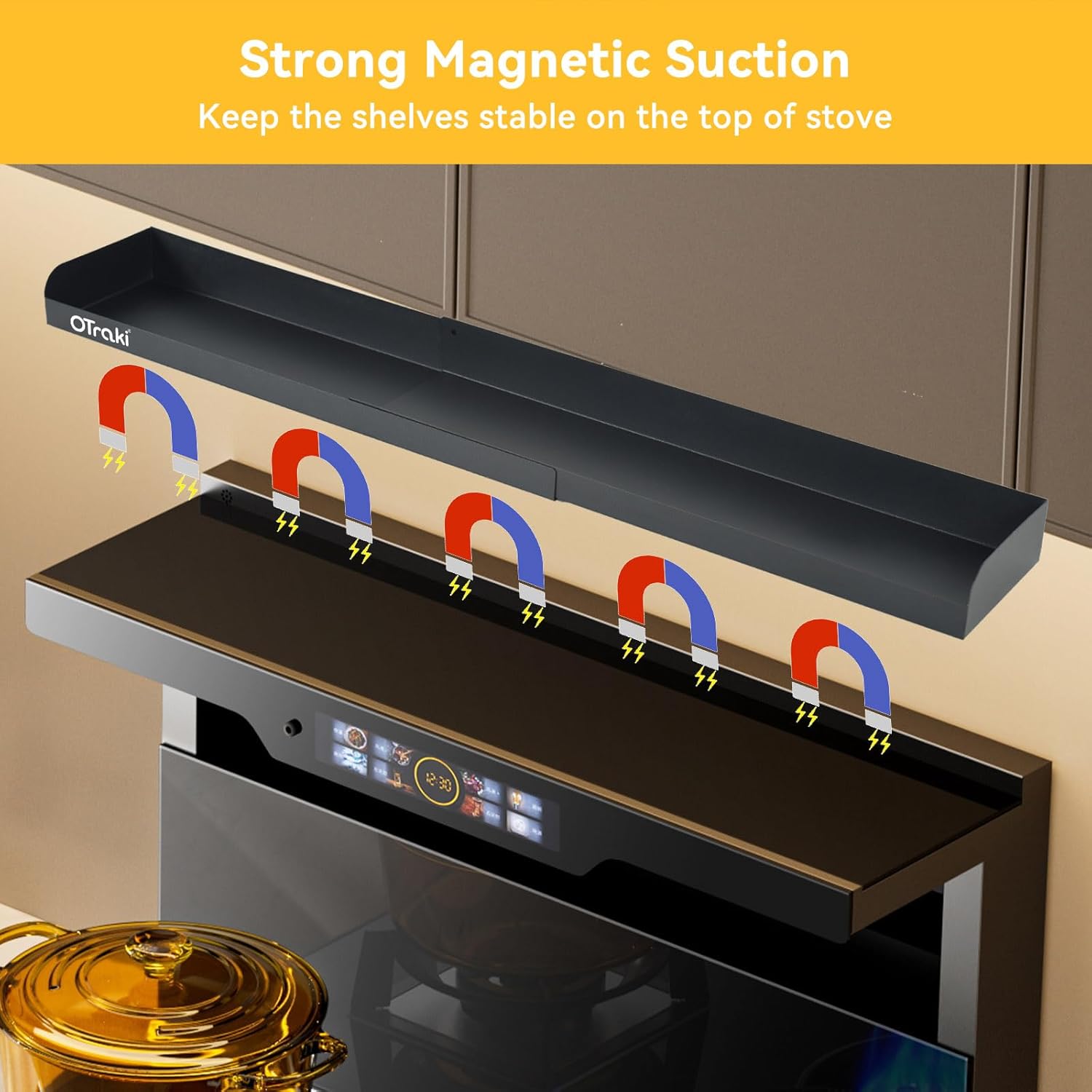 OTraki Magnetic Stove Top Shelf Spice Rack for Stove Adjustable 16-32 inch Over the Stove Shelf Stainless Steel Magnetic Rack Seasoning Organizer with 4 Hook Black