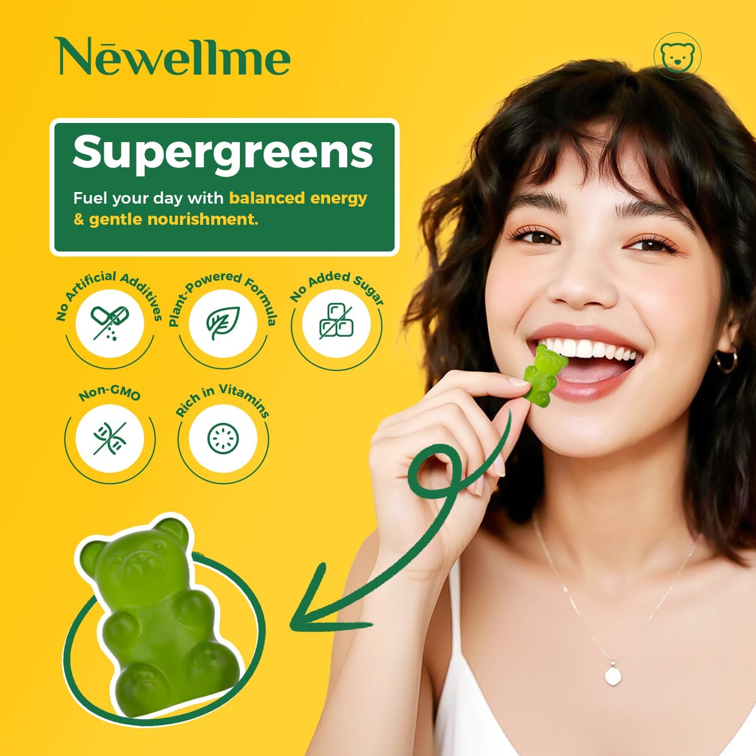 NEWELLME Daily Super Greens Gummies - 6g Fiber per Serving - Sugar-Free, Vegan & Gluten-Free - Essential Multivitamin with Probiotics for Digestive Health, Energy & Immunity - 14 Grab-and-Go Packs