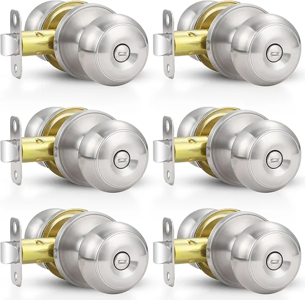 Estmoon 6 Pack Brushed Nickel Door Knobs, Privacy Door Lock Silver Keyless Door Handle with Lock for Bathroom Bedroom, Keyless Door Hardware