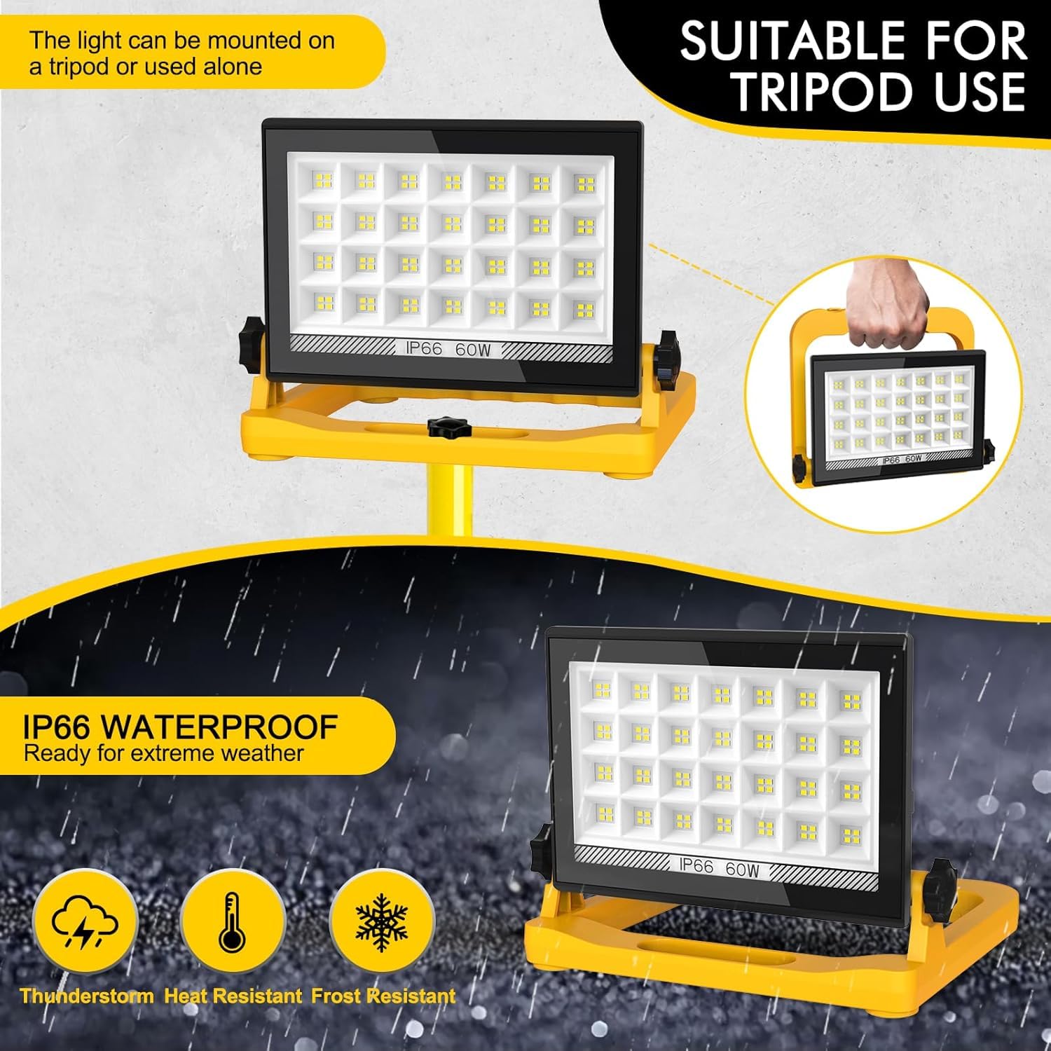 Lampe de travail LED 60 W, 5400 lm avec poignée, projecteur à brancher avec fil de 4 m et interrupteur, lampes de travail portables 240 V alimentées sur secteur, lampe de loft étanche IP65