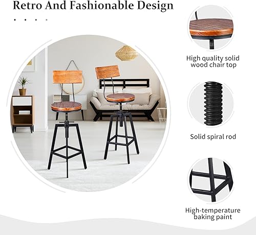 Miniatura 3 de Diwhy Taburete de bar industrial de madera y metal, altura ajustable, giratoria, altura de mostrador, silla de bar con respaldo, negro, juego de 2