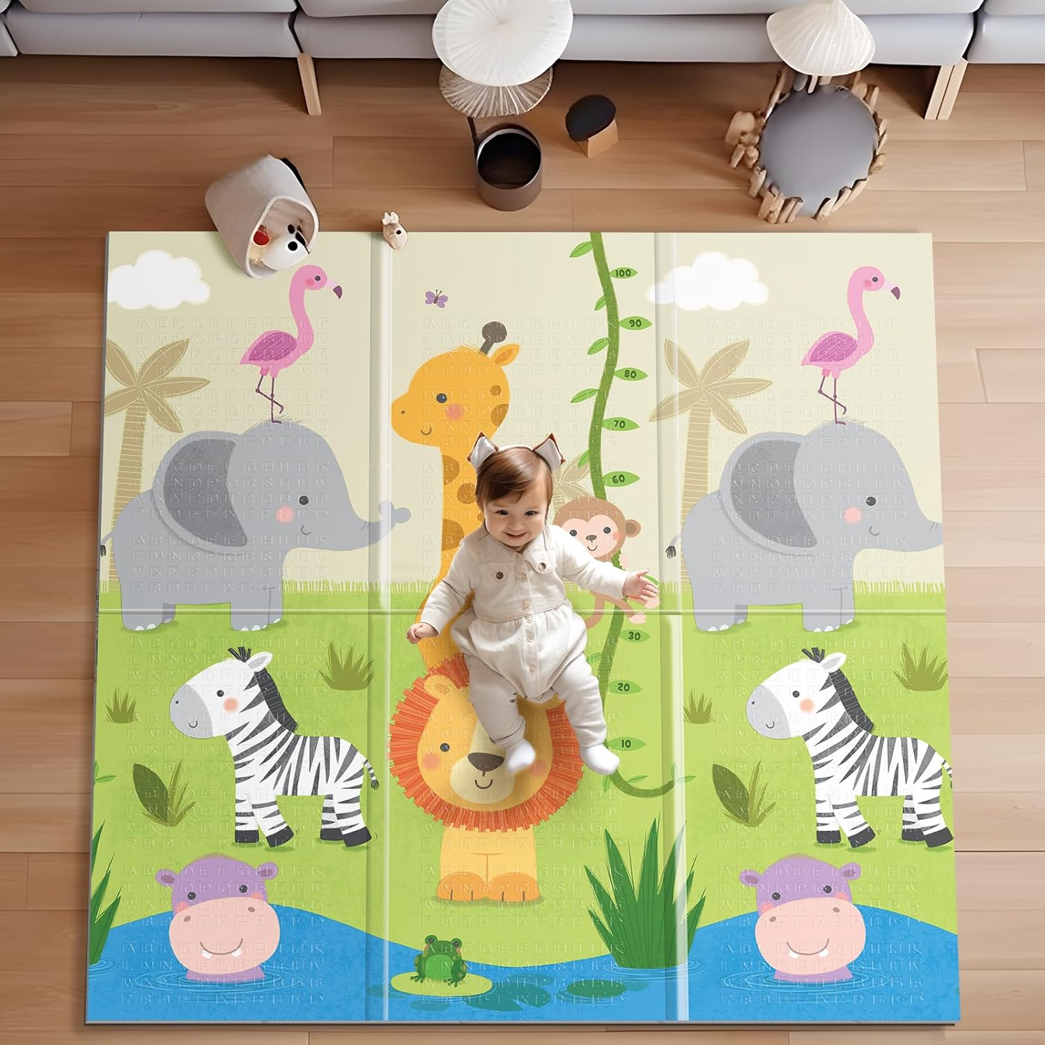 UANLAUO Baby Play Mat for Floor, Crawling Playmat for Babies Infants Toddlers, 59X59 Inch Thick Non-Slip Padded Baby Tummy Time Activity Mat Gym Rug, Foldable Floor Mats for Kids Learning Playing Monkey 59x59x0.4 Inch
