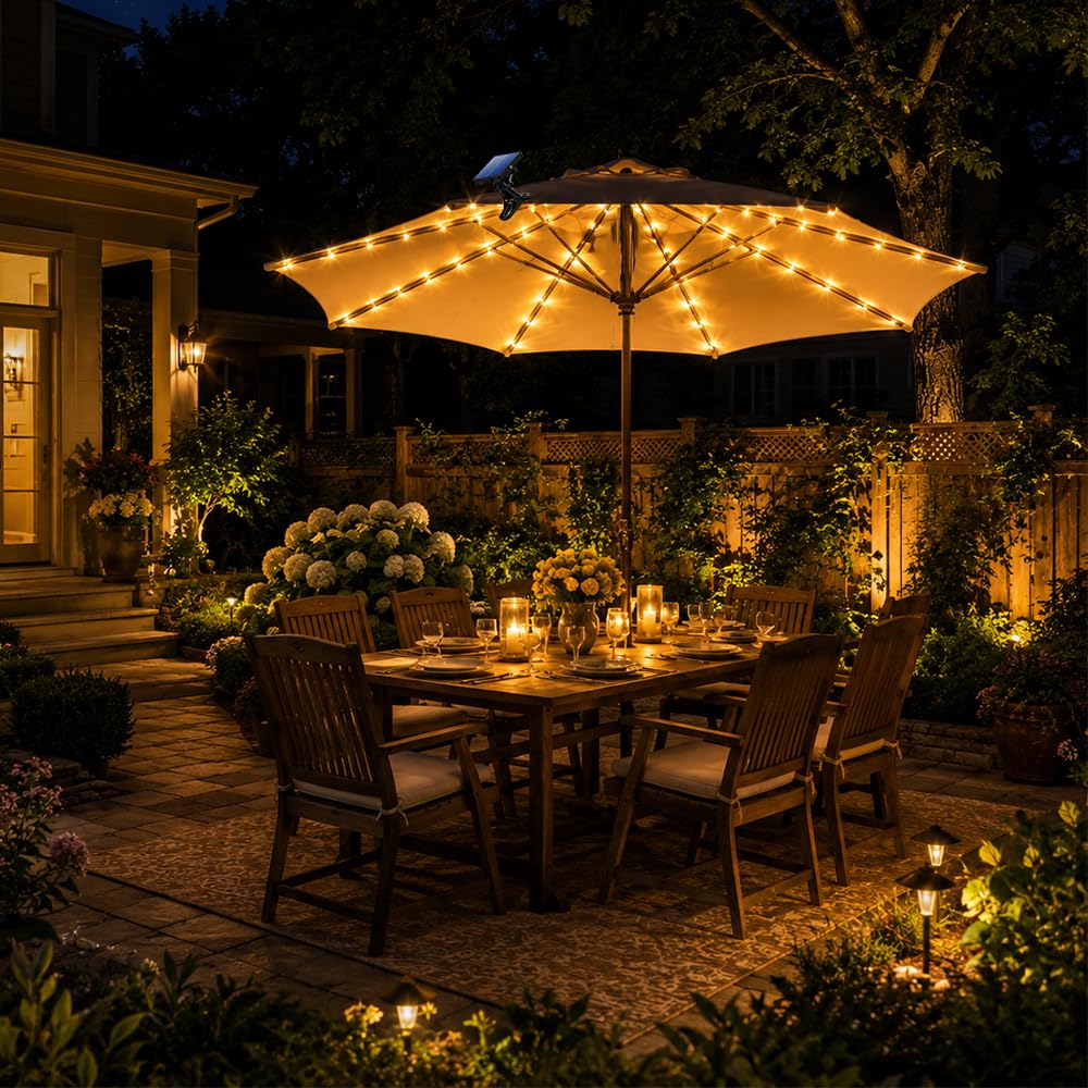 Illuminazione solare per ombrellone, con 104 LED e 8 modalità, telecomando e clip, catena luminosa impermeabile, per campeggio, tenda esterna