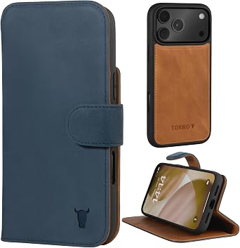 TORRO Leather Case Compatible with iPhone 17 Pro Max 6.9 2025 Leather Bumper Case with Detachable Wallet Cover with Stand and Card Slots Compatible with Official MagSafe Chargers - Nubuck Blue