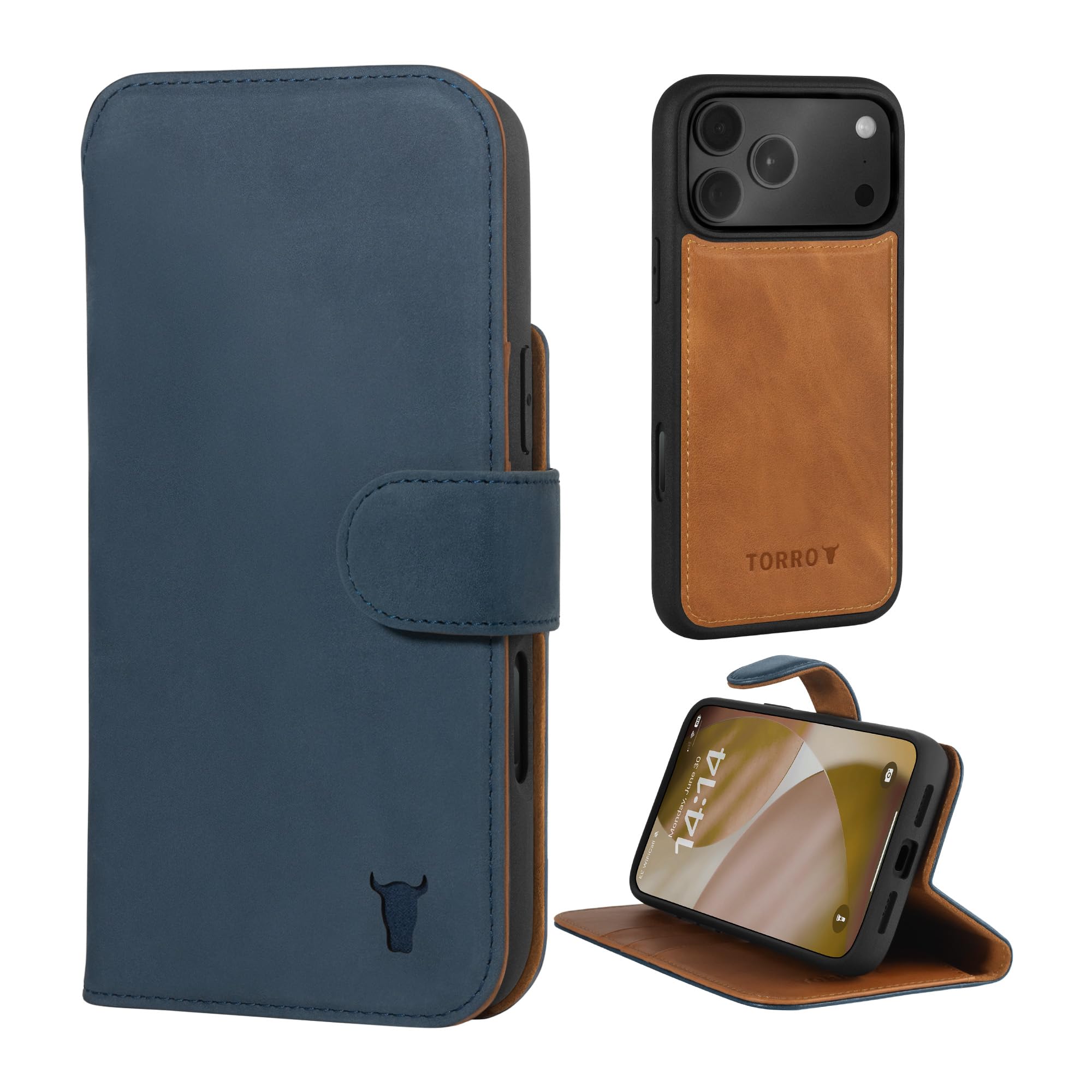 TORRO Funda de Piel Compatible con iPhone 17 Pro MAX– Funda de Piel Tipo Cartera Desmontable con Soporte y Ranuras para Tarjetas (Compatible con Cargadores MagSafe Oficiales) (Azul Nobuk)