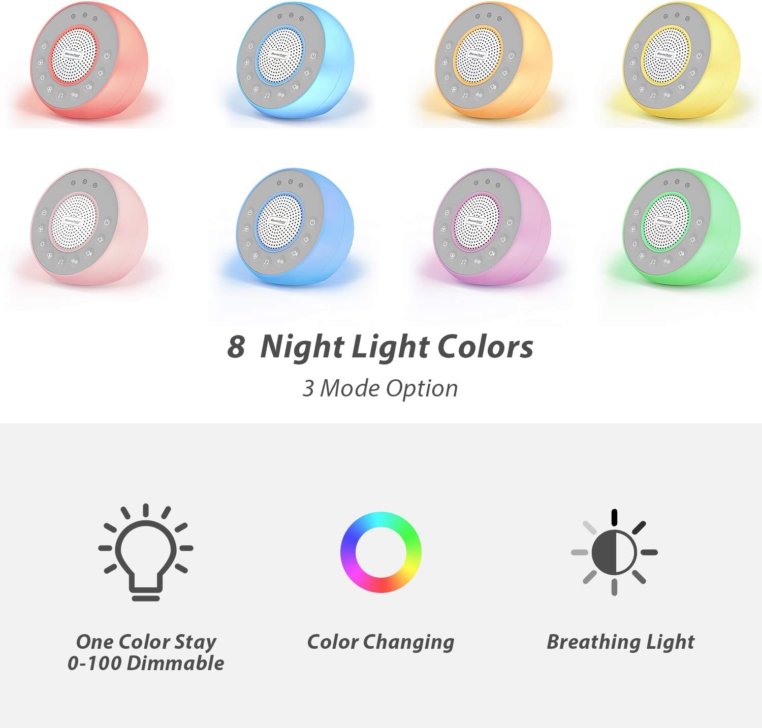 REACHER R2 White Noise Machine and Night Light with 31 Soothing Sounds, 0-100 Dimmable Color Changing Light, Sleep Timer for Sleeping, Feeding, for Baby, Kids, Adult,Bedside Table : Health & Household