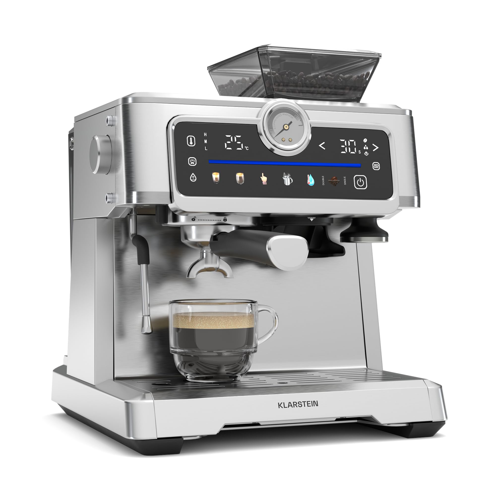 Klarstein GrandPresso Touch - Macchina da Caffè Espresso, 20 Bar, Macinino Integrato, Display Touch, Serbatoio da 2,3L, Acciaio Inox, Funzione Vapore, Senza Capsule, Personalizzazione delle Bevande
