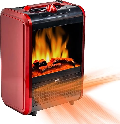 EZ-Heat MTBNT-12 - Mini calentador de espacio para chimenea de 1,200 vatios con llama 3D realista, cuerpo que se mantiene fresco, asa de transporte,