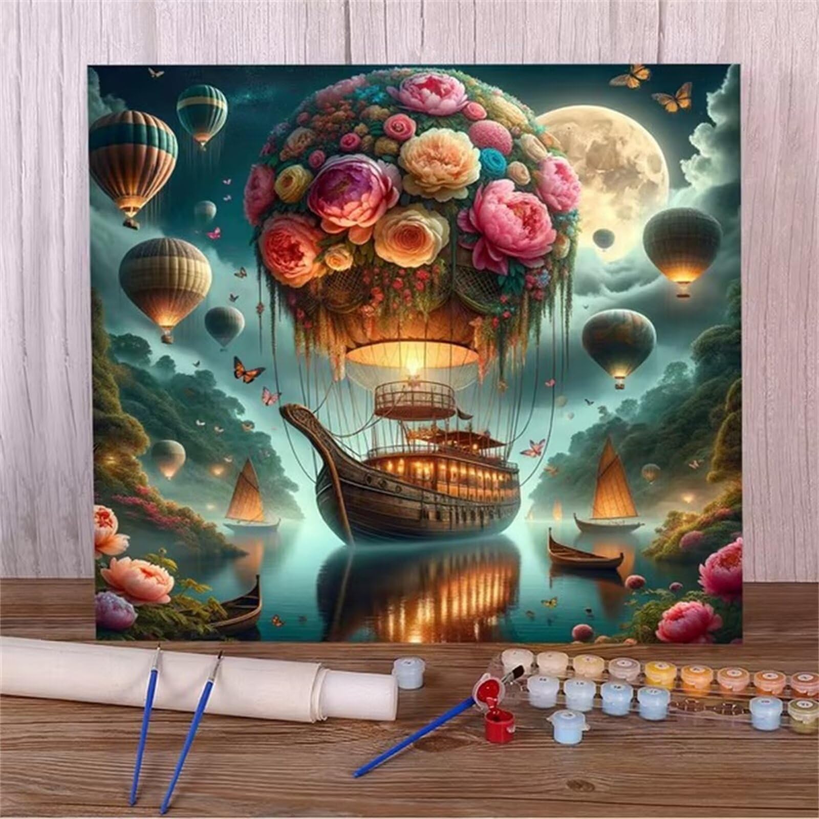 Kwiat balon łódź farba według numerów, dla dorosłych, bez ramy, 70 x 70 cm, malowanie według numerów, dla dorosłych, początkujących, z pędzlami i pigmentem akrylowym, płótno do malowania olejnego
