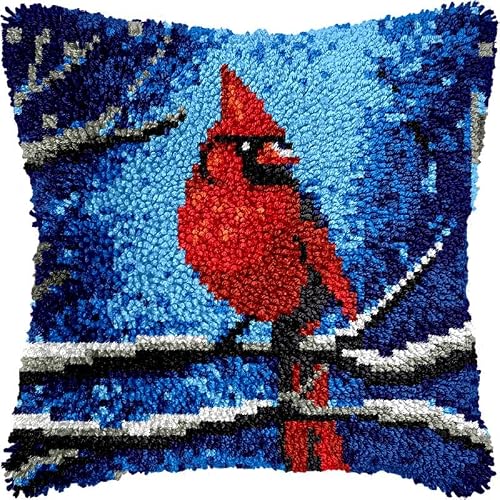Latch Hook Kits Pillow Cover Set Sofa Winter Cardinal Bird Cushion Latch Hooking Carpet Rug Acrylic Yarn Printed Pillowcase Craft Kits with Tools Sofa Decor 17 x 17 Inch(vv70)