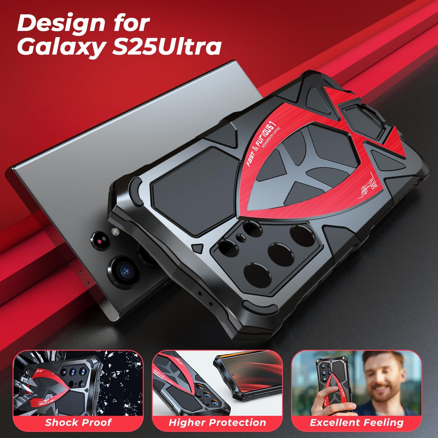 Lunivop for Samsung Galaxy S25 Ultra Case 6.9 '' Metal Hard Phone Case Cover Case para Screw with Camera Protection Heavy Duty metalicas Military Grade Black Red - Image 2