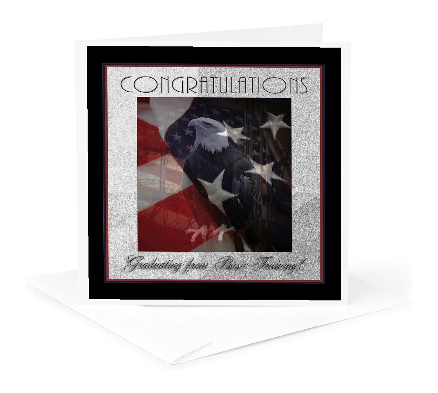 Greeting Card - Basic Training Congratulations, Proud Eagle and American Flag - Patriotic Design and Photography