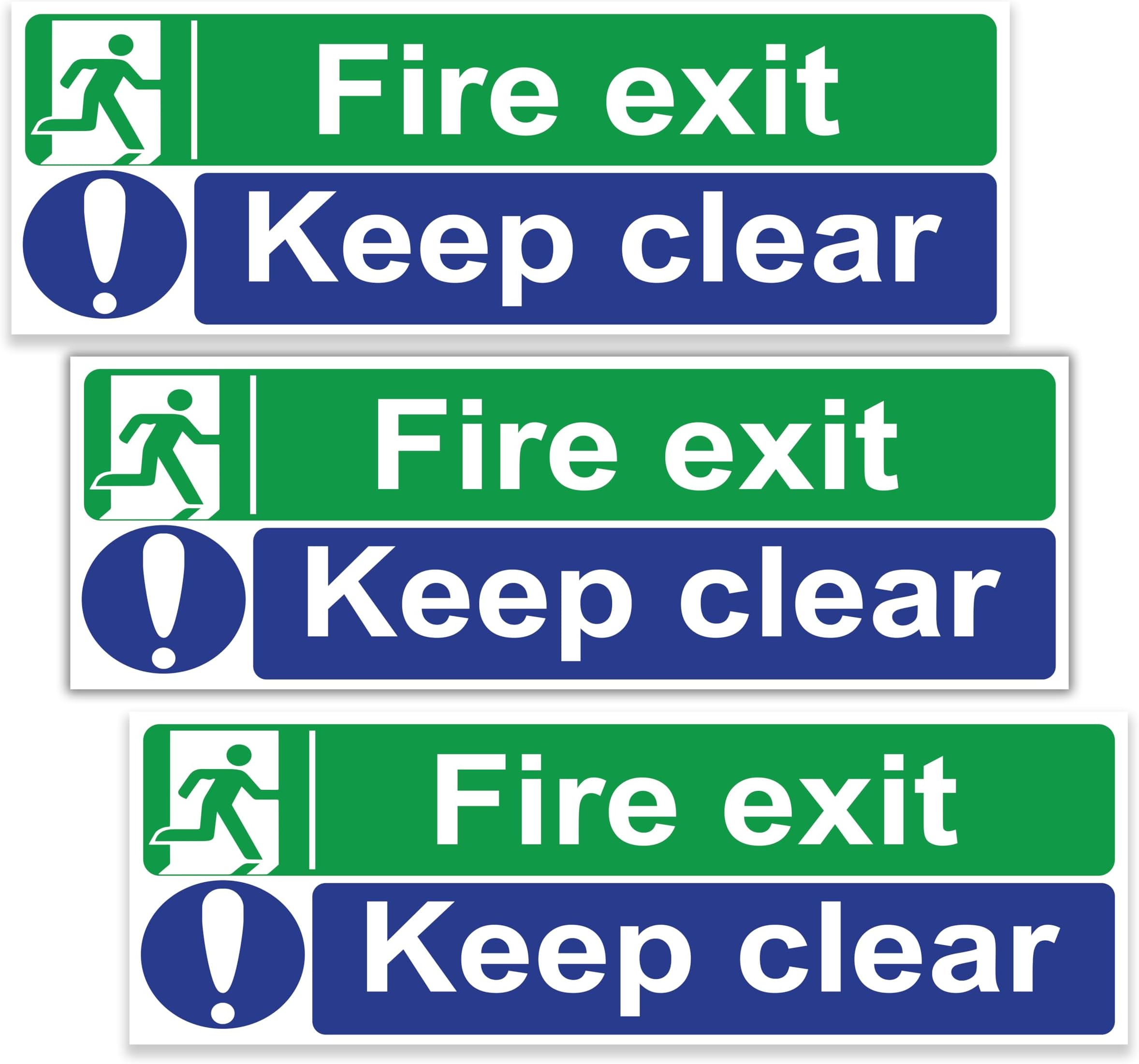 stcky Fire Exit Sign - 30cm x 10cm Ideal Sized Fire Exit Arrow Self Adhesive Vinyl Signs [Pack of 3] (Fire Exit Keep Clear)