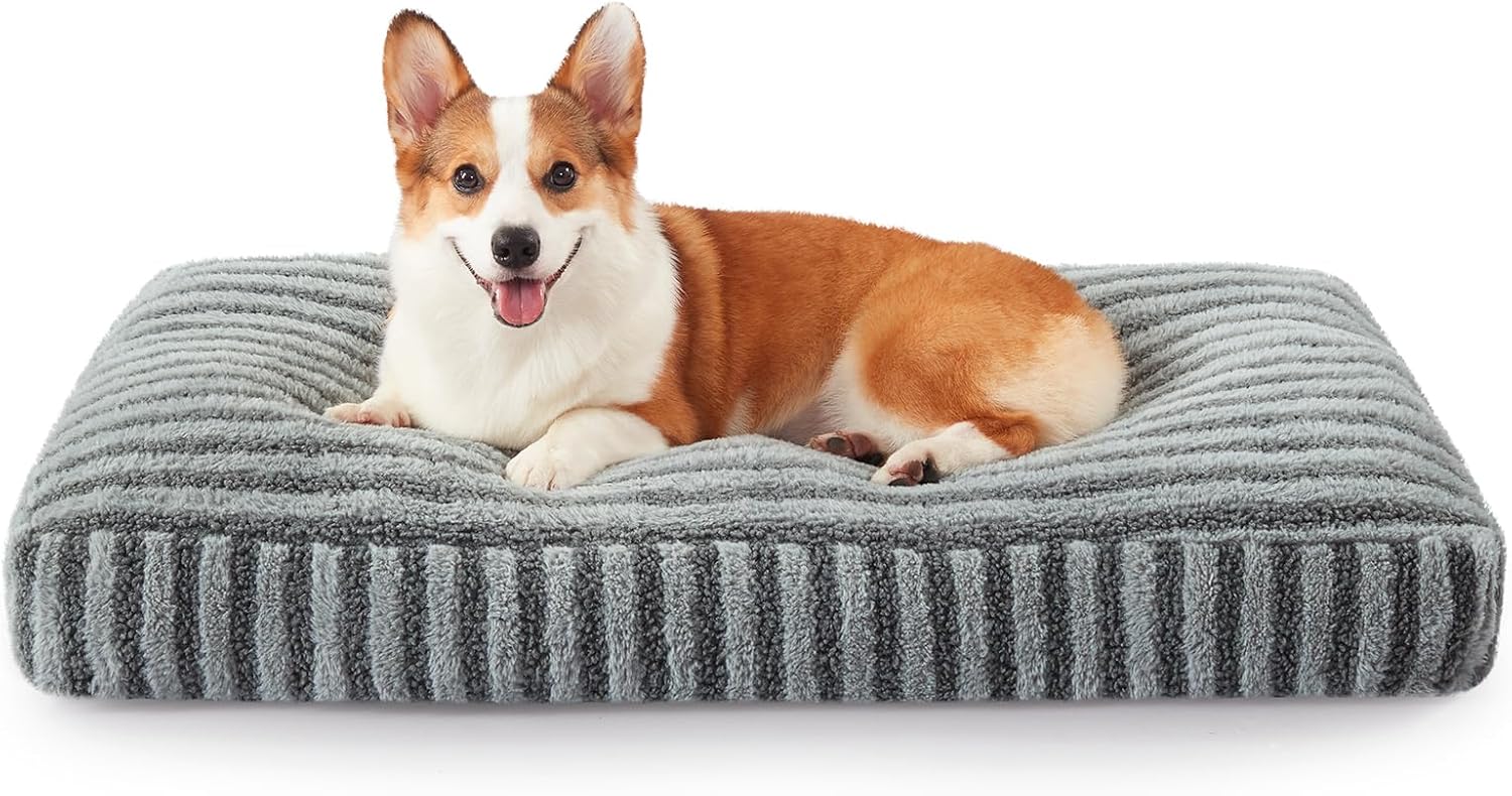 Pawk Medium Dog Bed Washable – Fluffy Plush Faux Fur Dog Cat Bed, Anti-Slip Mattress for Crate, Fits up to 20kg with Removable Cover, 74×53×8cm, Grey