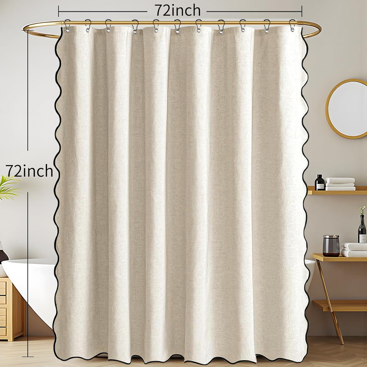 Seorsok Scalloped Design&Black Border Shower Curtain,Linen Textured Shower Curtain with 12 Metal Hooks,Fabric Neutral Thick Cloth,Machine Washable Waterproof Bathroom Decor W72*L72,Beige/Cream