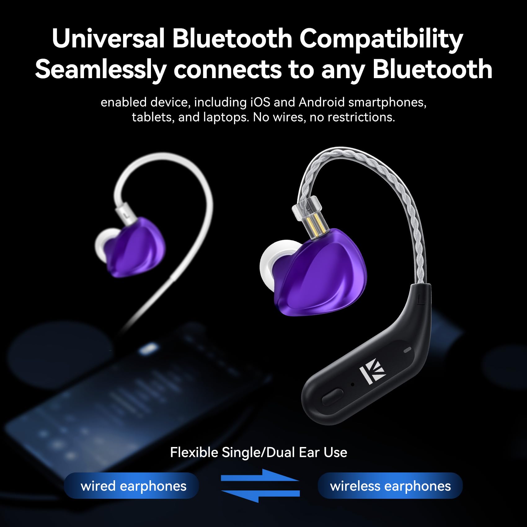 Yinyoo KBEAR BT15 PRO Modulo Bluetooth 5.4 con gancio per ​Adeggiatore Auricolare Wireless Sportive HIFI Ampia Compatibilità per KZ ZS10 PRO/EDX PRO/ZSN PRO/ZST (nero, 2 pin da 0,78 mm)