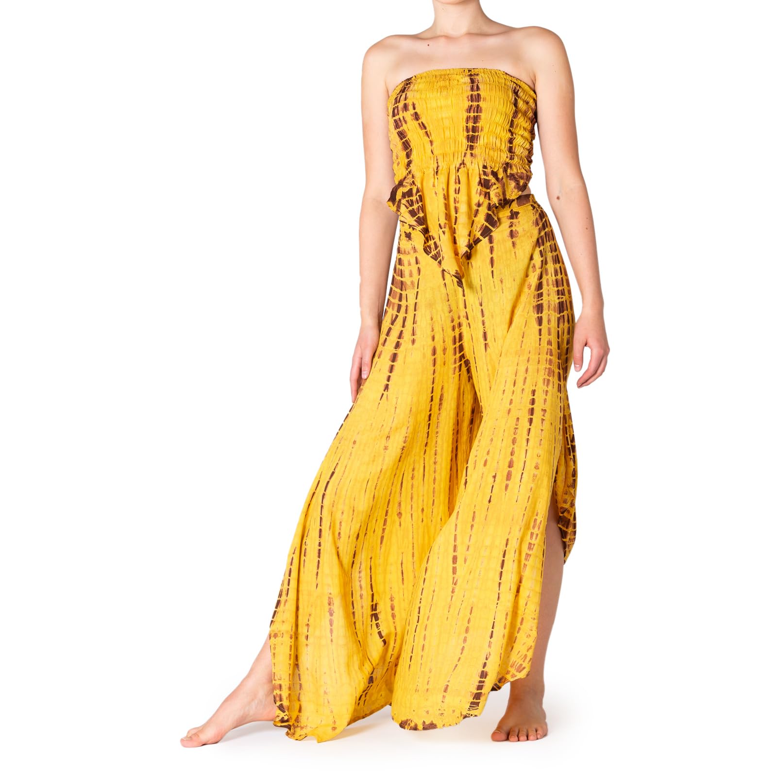 Panasiam Women's Yellow Brown Pants Top Set Cuba Tiedy, M