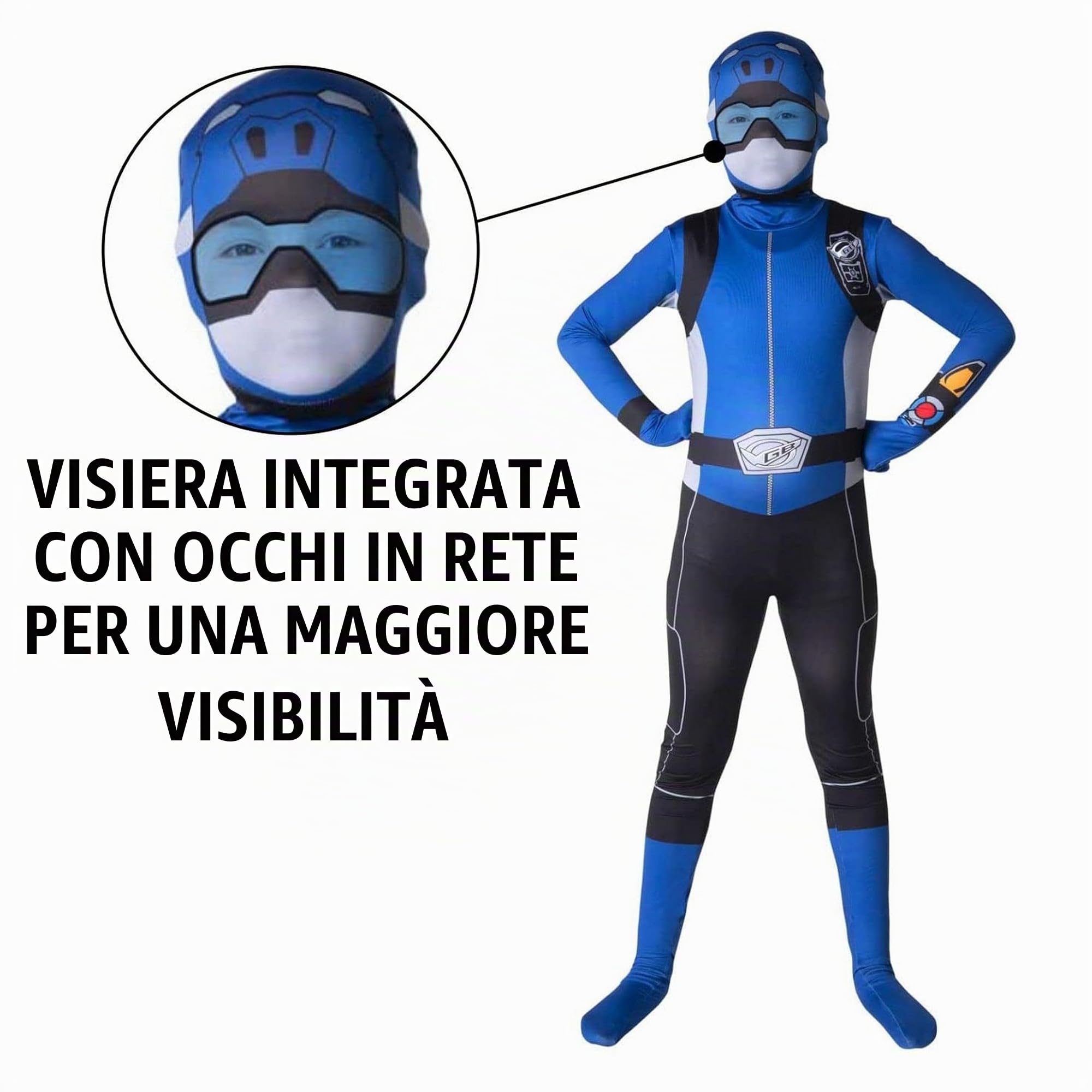 Morphsuits Costume Power Ranger Blu Bambino, Tuta Halloween Bambino | Tuta Integrale con Cappuccio e Visiera, Design Ranger Blu, Chiusura con Zip, Perfetto per Halloween, Ideale per il Cosplay