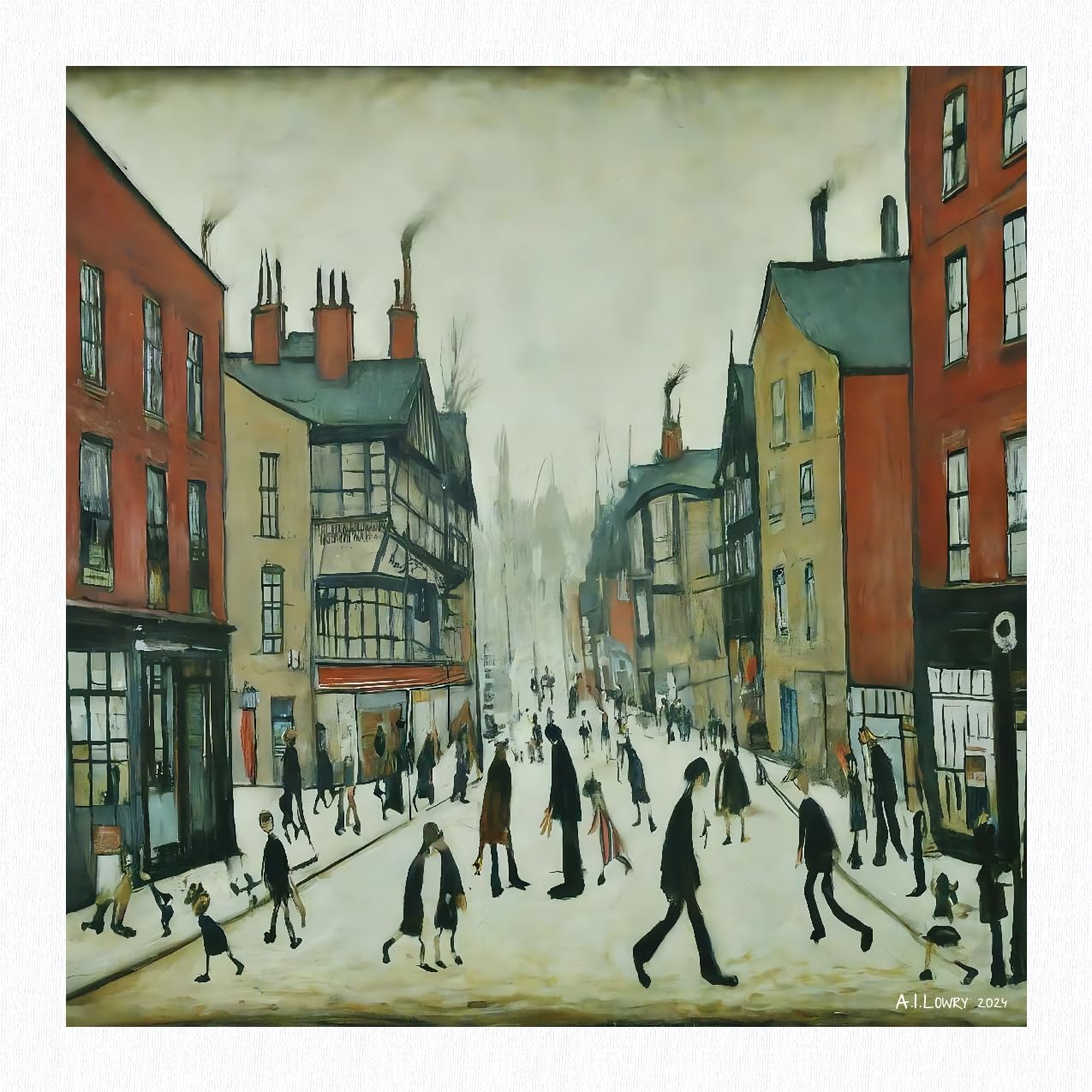 Greetingles Lowry Style Giclée Art Print 21cm/8.25" Square. Made in UK. (Chester)