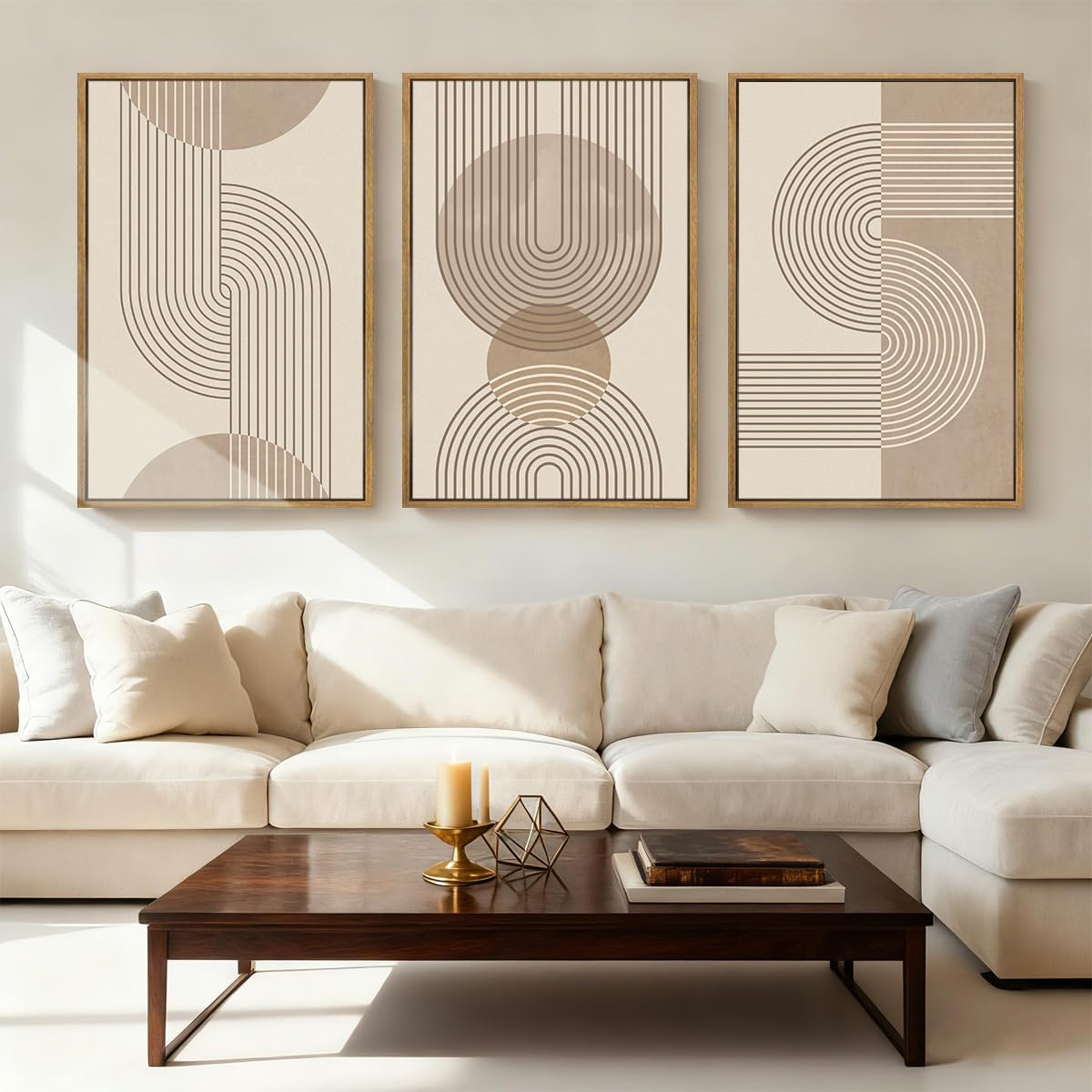 Anyzal Large Abstract Wall Art Framed,Boho Wall Art Geometric Line,Modern Mid Century Artwork Minimalist,Beige Neutral Painting Boho Abstract for Home Living Room Bedroom Office 24''x36'' Set of 3