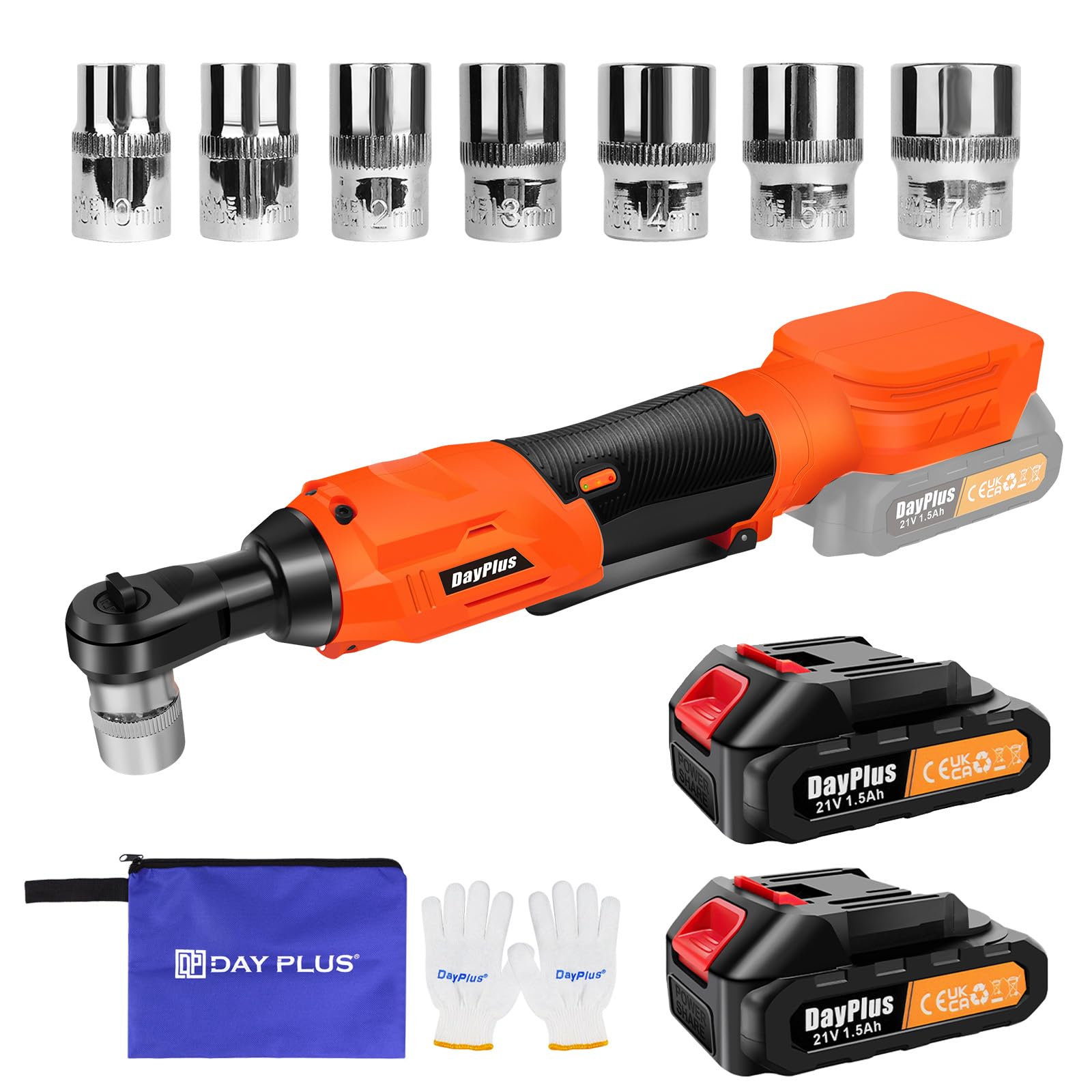 Bowose Portable Cordless Ratchet Wrench 21V with 2pcs 1.5Ah Li-ion Batteries, 7pcs Sockets, Storage Bag, 60ft-lbs, LED Work Light, 3/8 Inch Power Ratchet Wrench for Furniture Assembly, Car Repair