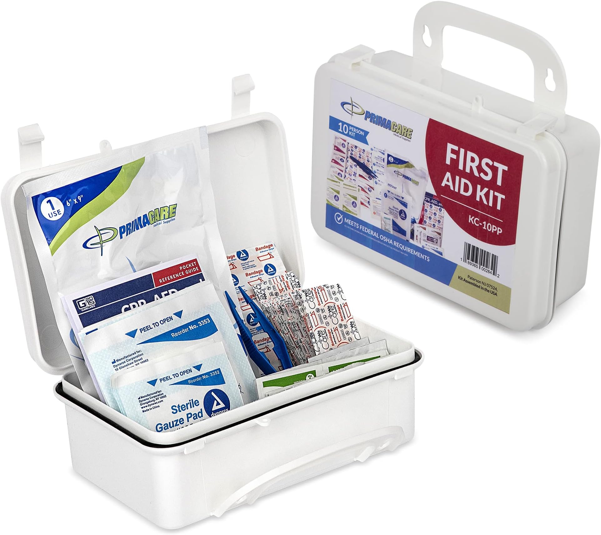 Primacare KC-10PP 10 Person Compact First Aid Kit, 8"x5"x3", with 102 Pieces Emergency Medical Supplies, Portable Kits for Home, School and Office, Wall Mount, White