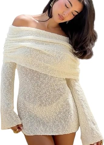 Suillty Women's Sexy Off Shoulder Knit Sweater Mini Dress Long Sleeve Mesh Sheer Bodycon Dresses for Party Club