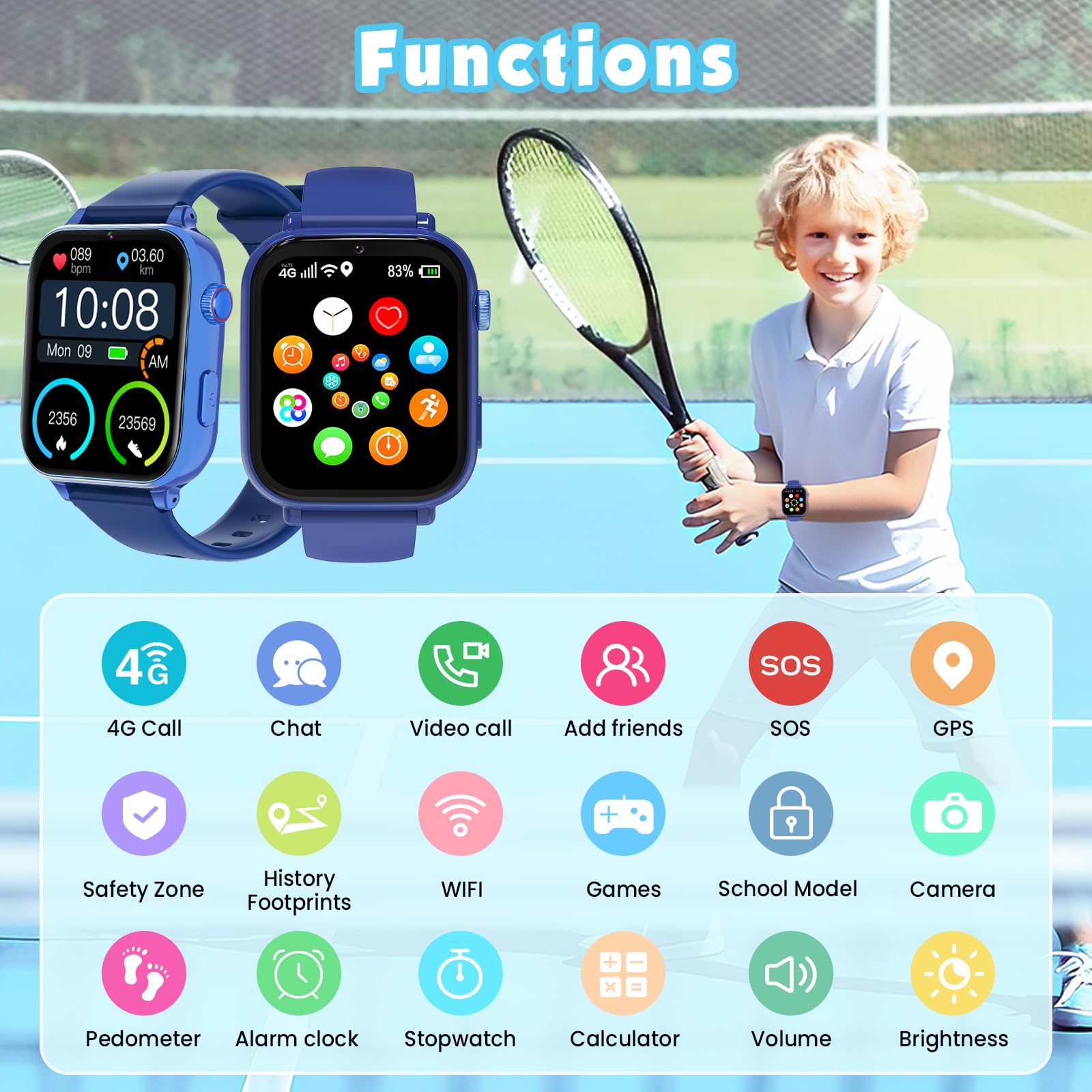 Smartwatch per Bambini GPS 4G, Orologio Bambino Bambina con Telefono, Videochiamata Chat Vocale Sveglia Contapassi Camera Modalità Classe Gioco, Smartwatch per Ragazza e Ragazzo 4-12 Anni Regalo, Blu