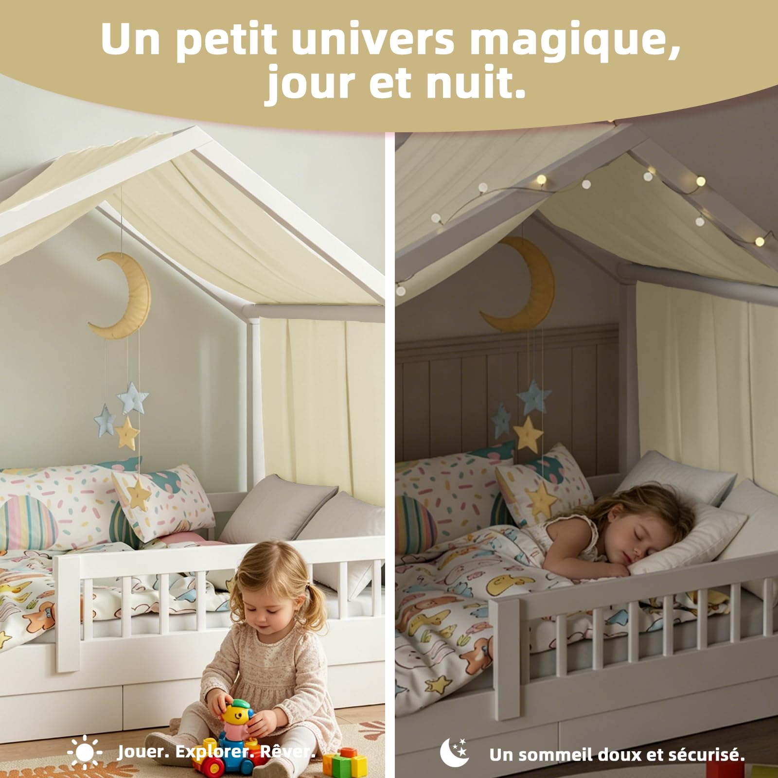 Lit Cabane Enfant, Ciel de Lit Cabane avec 1 Pièces Rideaux, Baldaquin Ciel en Tissu Doux Respirant, Ensemble de Décoration pour Chambre Fille Garçon (Beige, 145x360cm)
