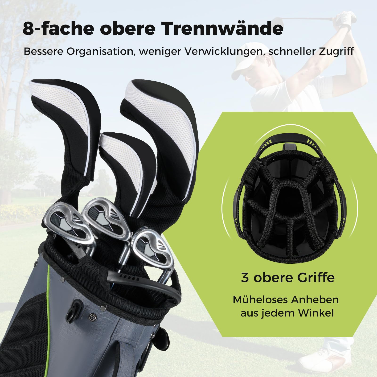 COSTWAY Torba golfowa z 8 przegródkami i osłoną przeciwdeszczową, lekka torba golfowa z 5 kieszeniami i nóżkami, torba na ołówki, przenośna torba dla mężczyzn i kobiet
