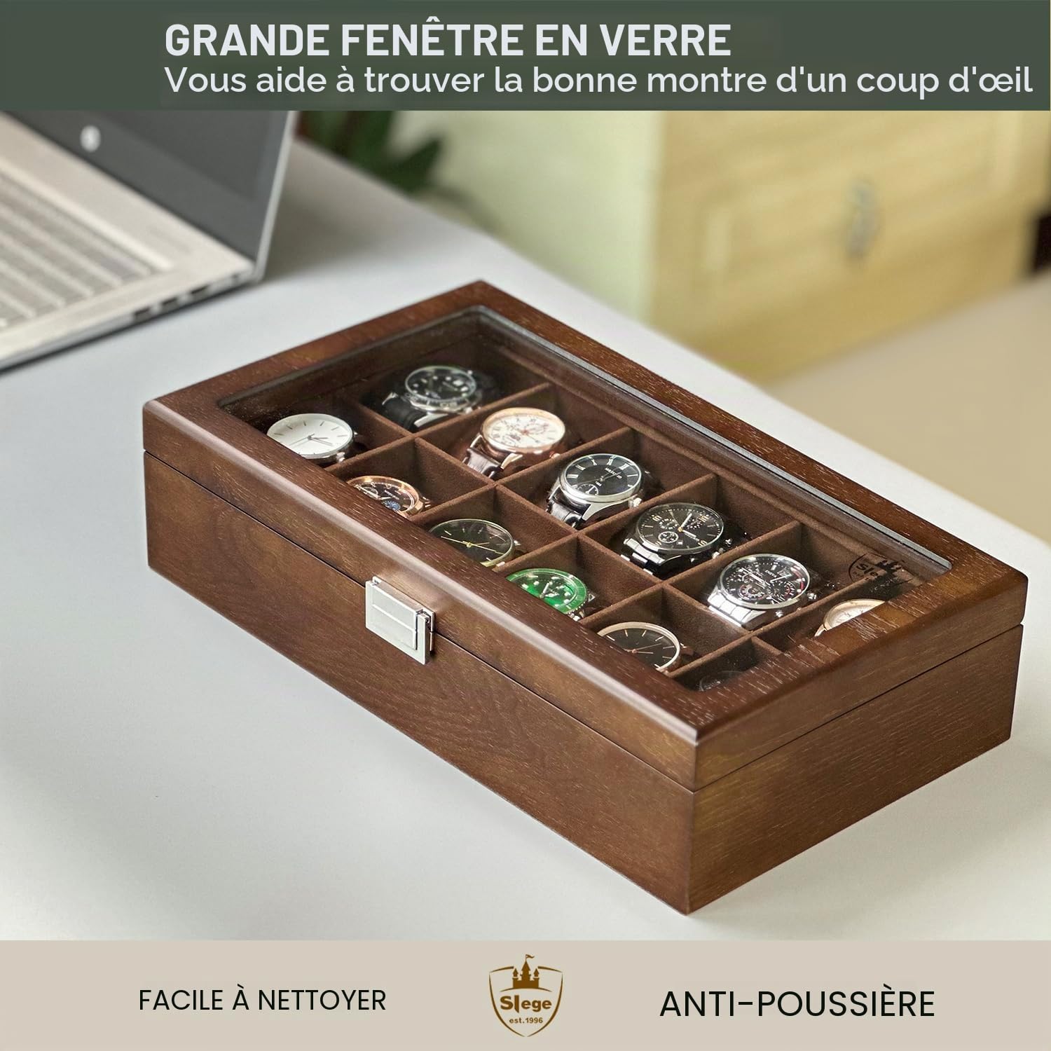 Slege Boîte à Montres en Bois,Boîte de Rangement pour 12 Montres-Cave à Montre pour Homme et Femme - Boîte à bijoux avec couvercle en verre,Support de montre,Watch Box Cadeaux(Marron)