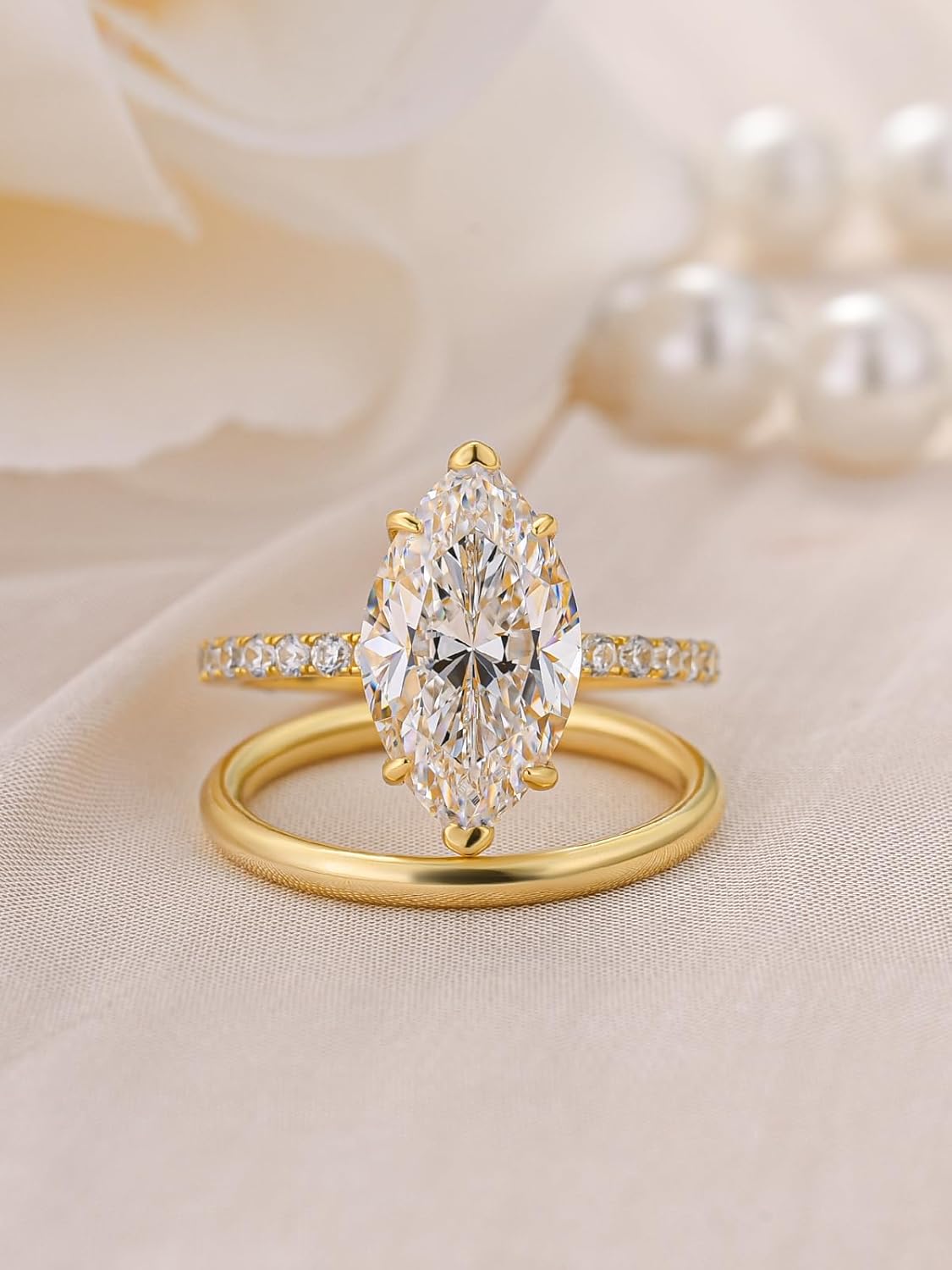 3.5 Carat Marquise Cut Engagement Ring Set for Women,14K Gold Plated S925 Silver AAAAA Grade Cubic Zirconia Bridal Wedding Ring Set - Image 2