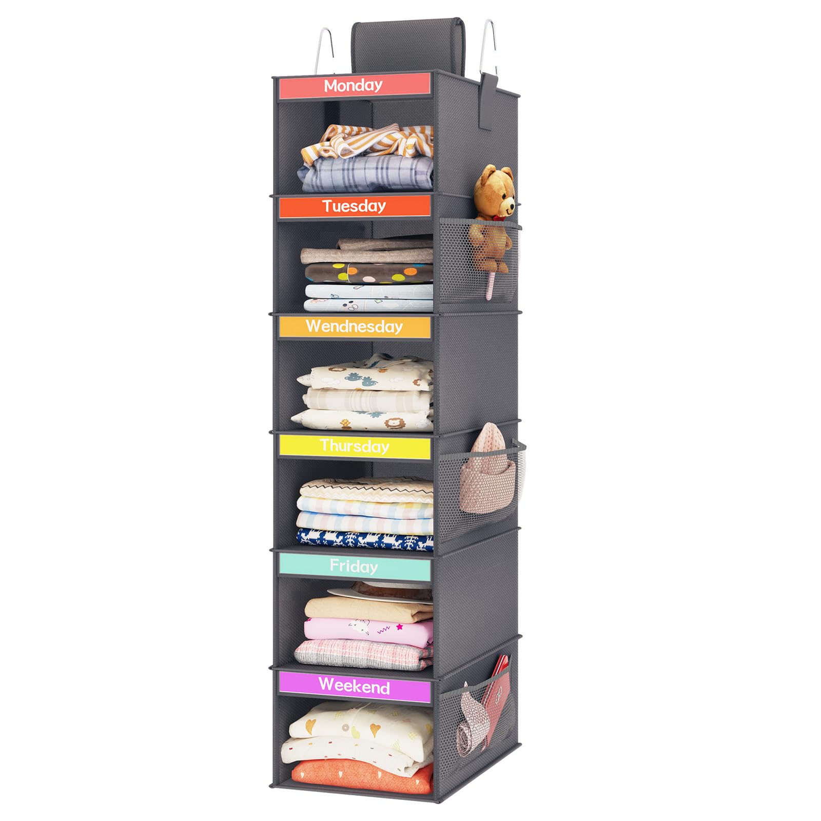 Weekly Kids Kleider-Organizer mit 6 Regalböden, zum Aufhängen, Dunkelgrau | Vliesstoff, 6 Tagesregale, 6 Netz-Seitentaschen, 2 Metallhaken, faltbares Design, für Kinder-Outfits und Zubehör