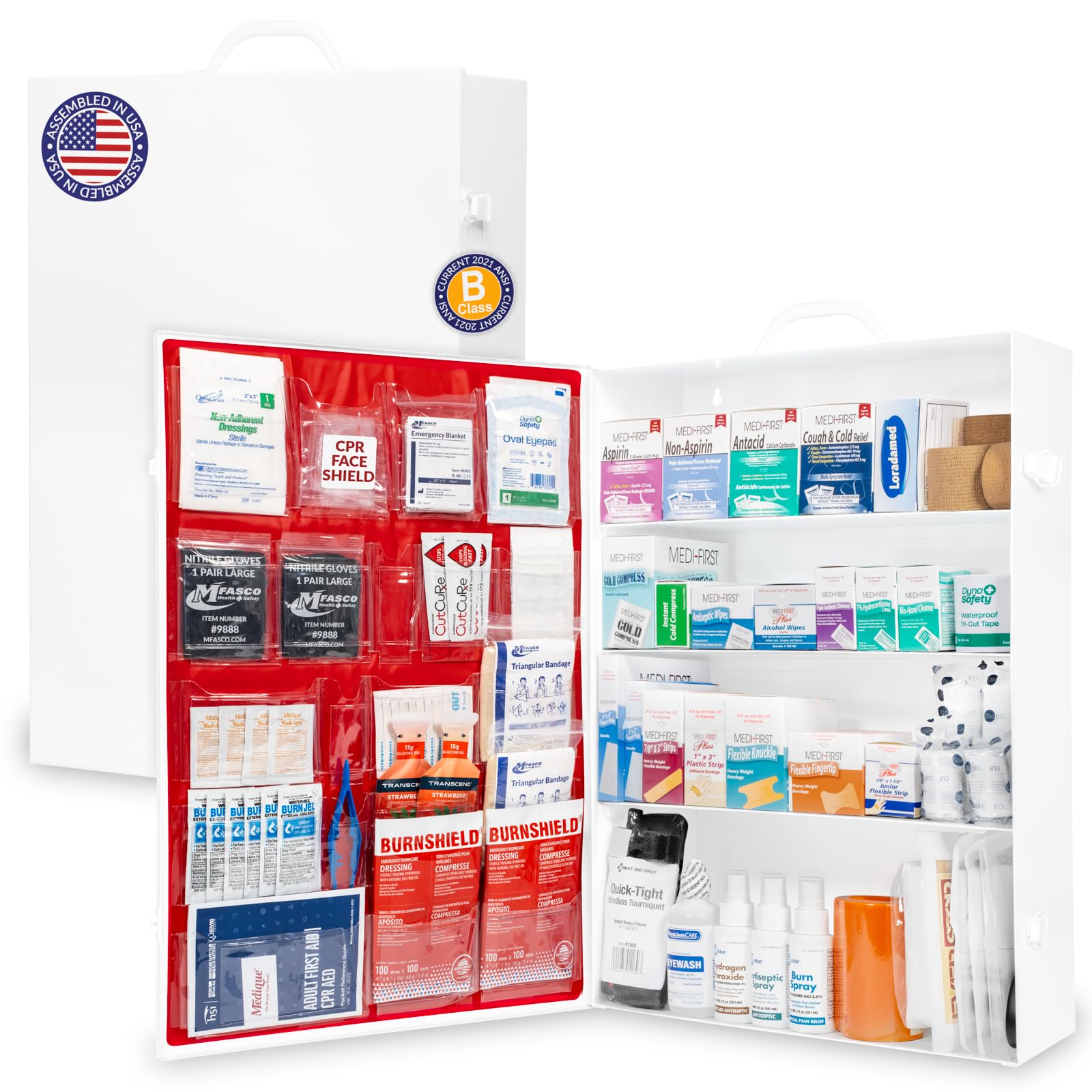 MFASCO Commercial Wall Mount 4 Shelf First Aid Kit - OSHA & ANSI Compliant, Refillable Metal First Aid Cabinet for Businesses, Large First Aid Kit Box