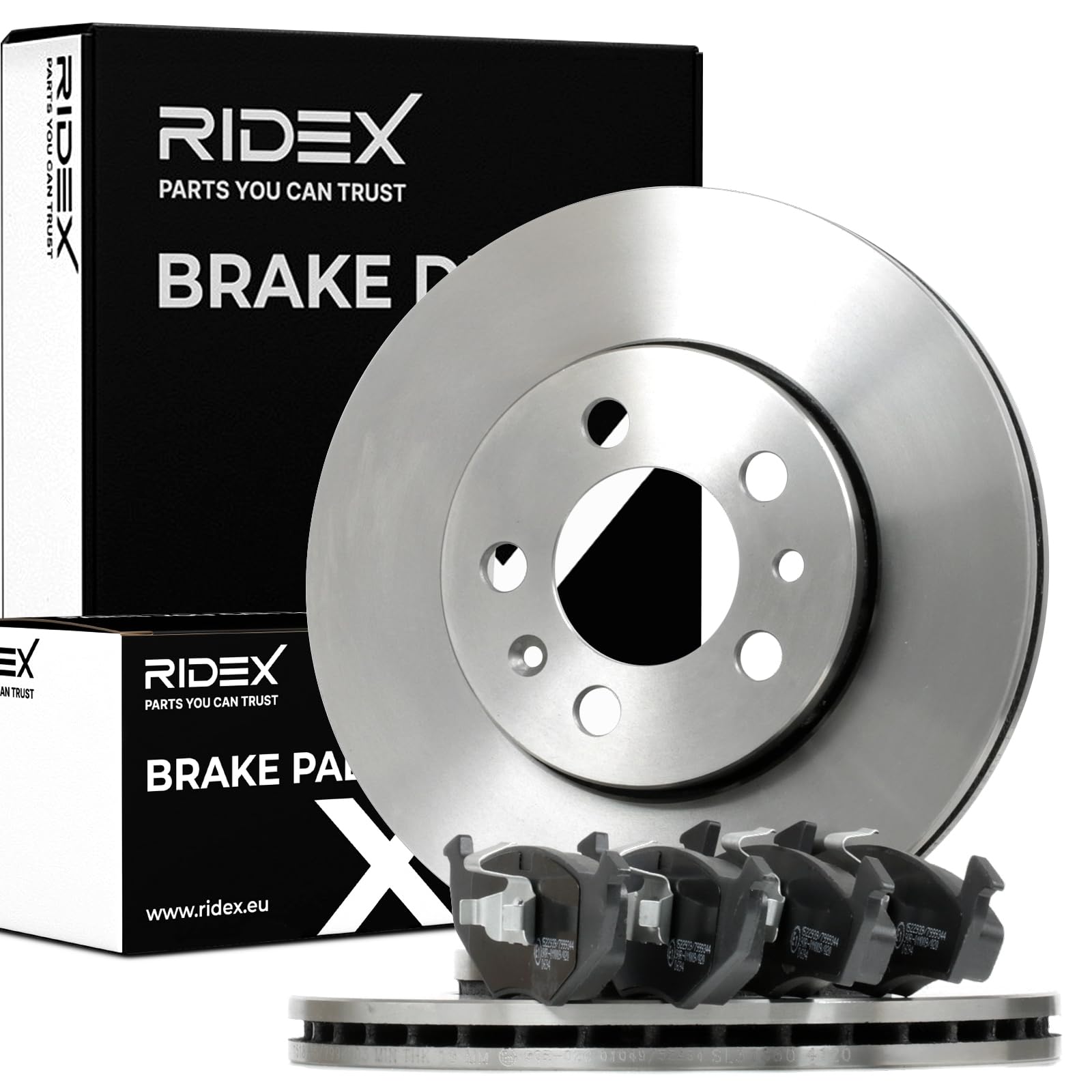 RIDEX 3405B1019 Juego para eje Kit de discos de freno y pastillas Delantero sin tornillos Compatible con VW Polo IV Hatchback 9N, 9A