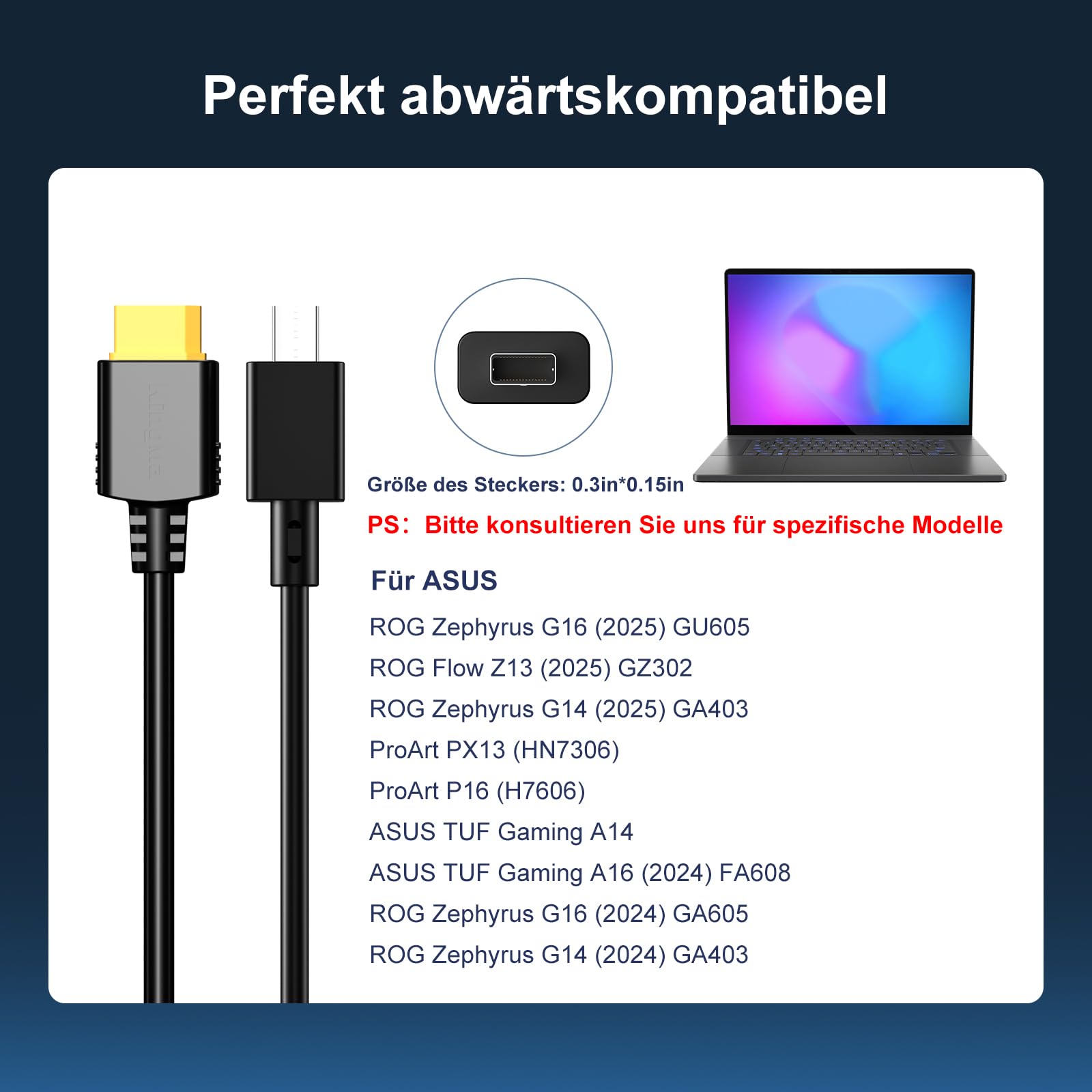 Caricatore portatile da 260W (20V/13A) per ROG Zephyrus G16/G14, portatile GaN pieghevole per laptop da gioco, PD 3.0 con cavo da 75–40 mm, compatibile con ASUS TUF Gaming A14/A16