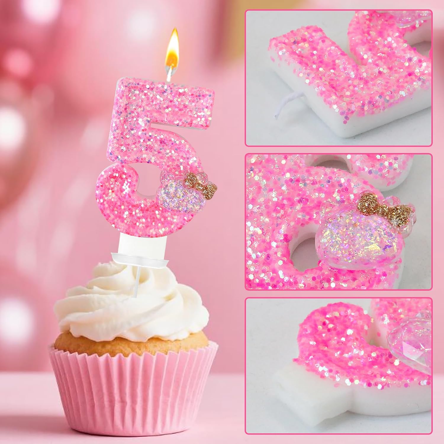 Pink Glitter Number 5 Birthday Candle – Sparkly Cat Cake Topper for Girls, Cute Pink Birthday Decoration for Kids and Family Celebrations