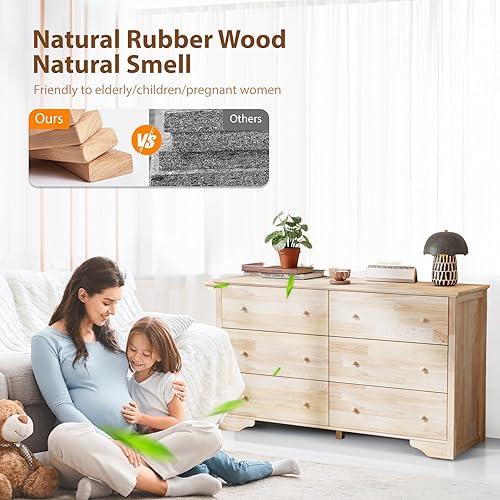 Miniatura 31 de VINGLI Cómoda de 6 cajones sin terminar, cómoda de madera maciza natural, cómoda rústica mejorada con amplias cajoneras de almacenamiento con