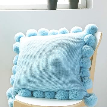 vctops Farmhouse Knitted Decorative Throw Pillow Cover with Pompoms Cable Knit Square Cushion Case for Couch Sofa Bed Blue, 18"x18"