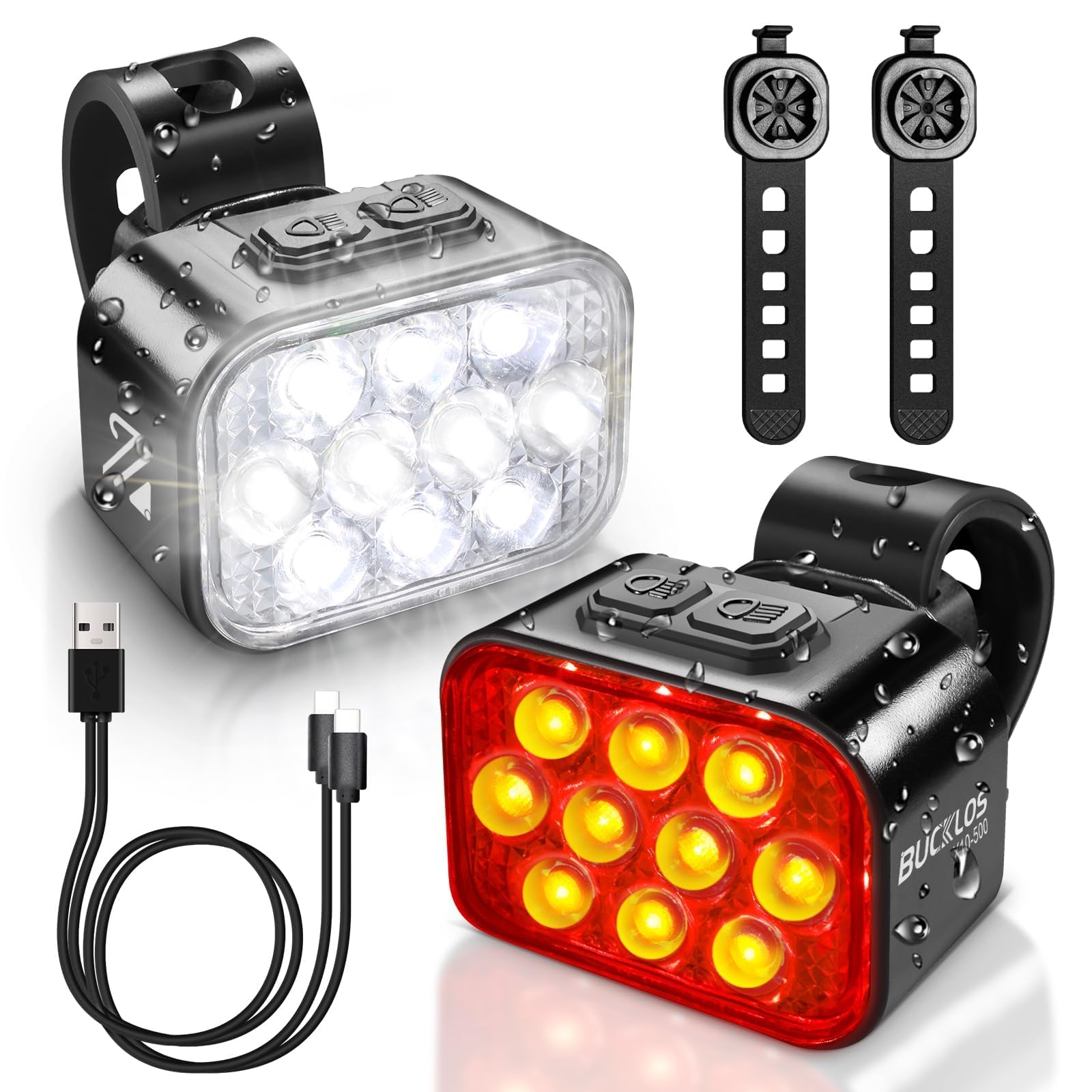 BUCKLOS Bike Lights Front and Back for Night Riding, 10 LED Ultra Bright 8+9 Modes USB Rechargeable Bicycle Headlight and Tail, IPX6 Waterproof