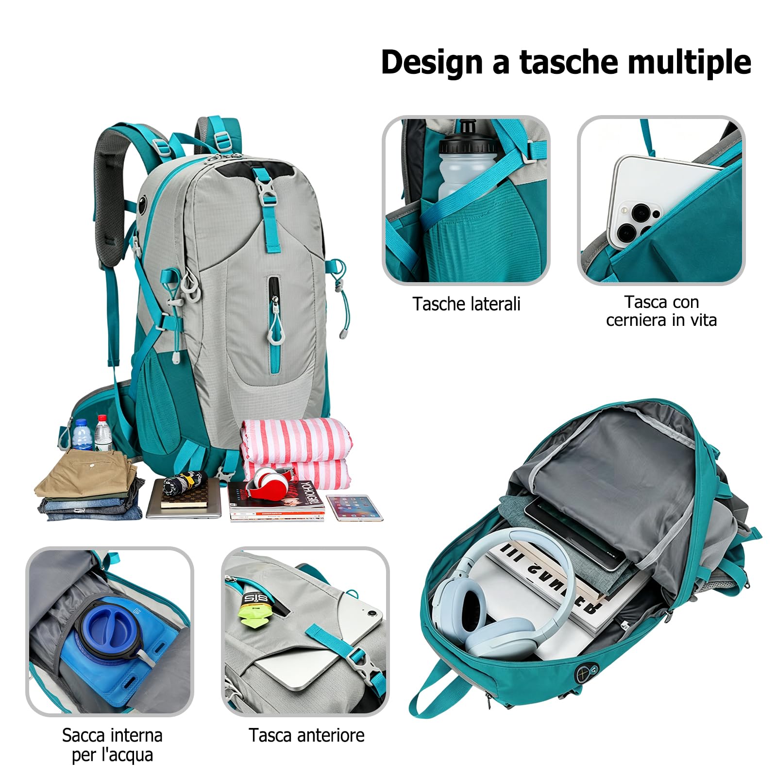 Zaino da Escursionismo 40L Zaino Outdoor con Copertura Antipioggia Grande Traspirante Backpack per Campeggio Viaggi Lago Blu