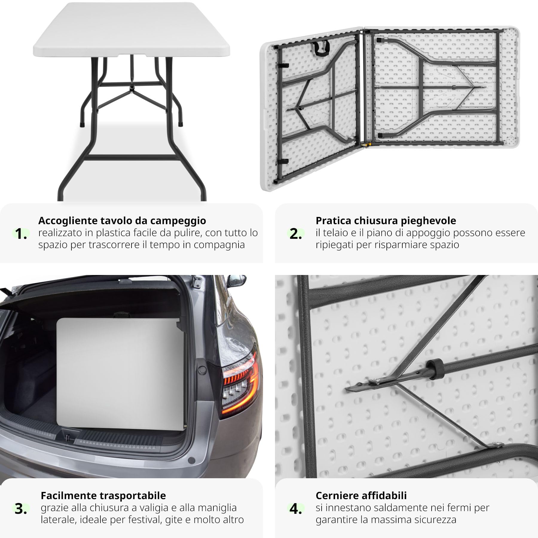 tectake® Tavolo da Campeggio Pieghevole con Maniglia, Tavolo Salvaspazio, Tavolo da Giardino con Base in Acciaio, Tavolino Portatile, Resistente alle Intemperie, 183 x 76 x 74 cm - Bianco